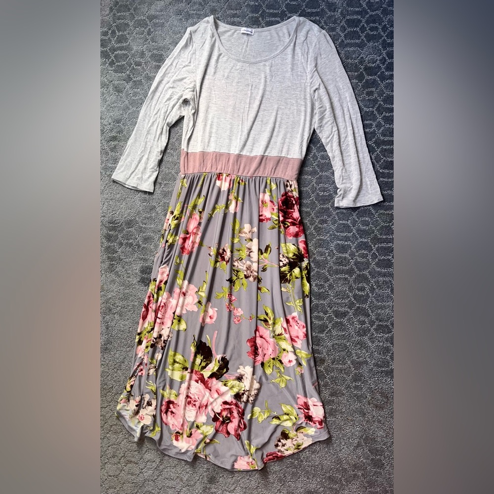 Eloges Grey Floral with Mocha Band Midi Dress